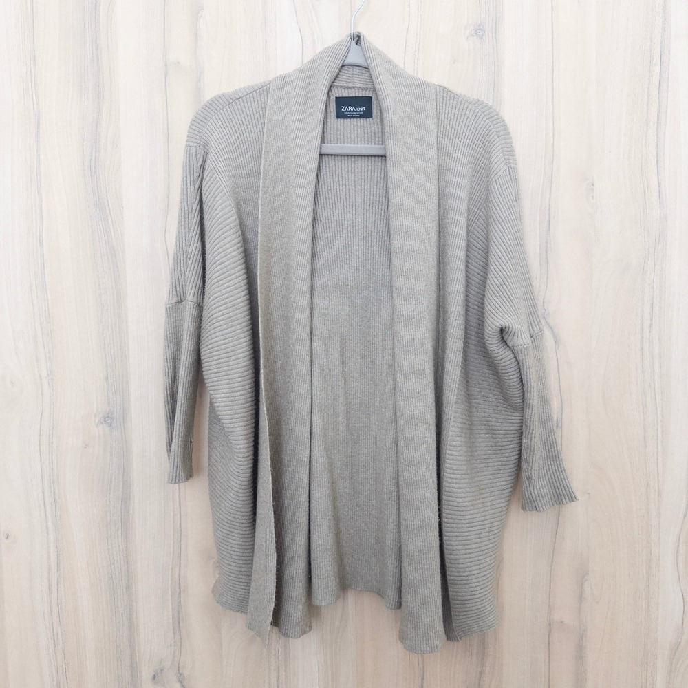 Zara Knit Womens Cardigan Size M Beige Ribbed Open Front Minimalist Quiet Luxury